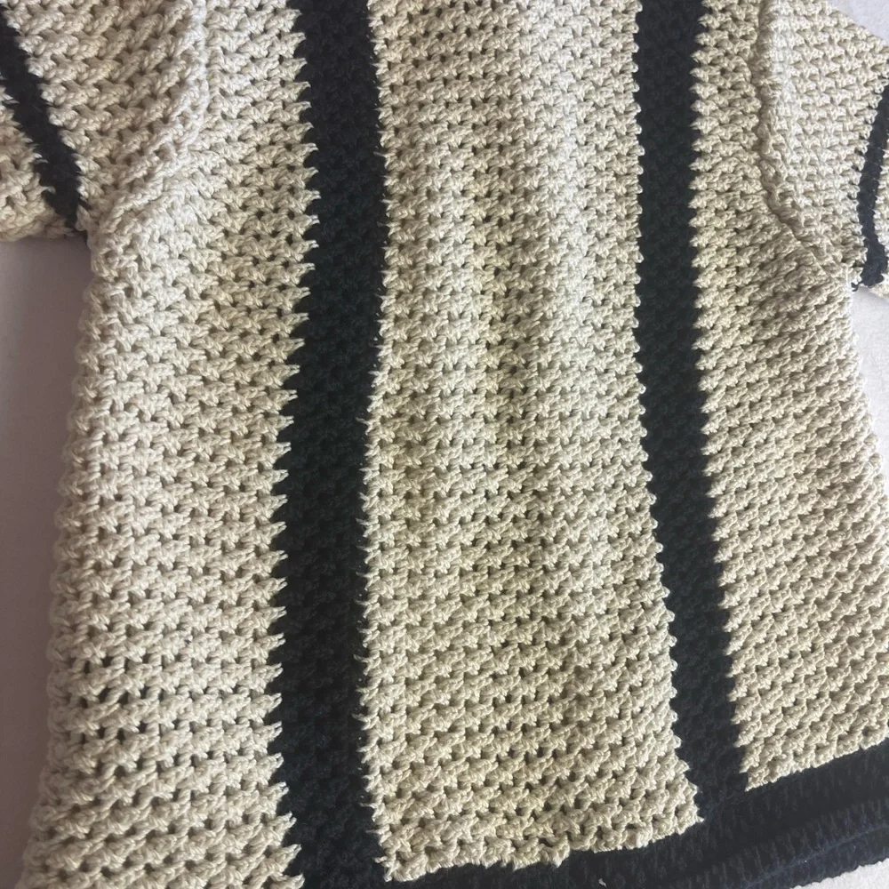 Zara Girls Size 6-7 Chunky Cotton Knit Cardigan Sweater Cream Ivory Black Stripe
